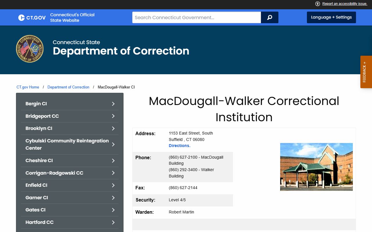 Official CT DOC page for MacDougall-Walker Correctional Institution inmate records and facility details