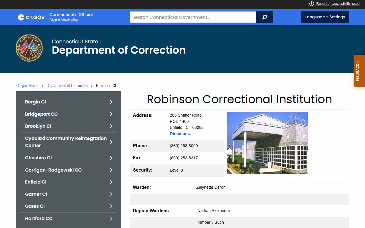 Robinson Correctional Institution inmate records and roster page from the Connecticut Department of Correction