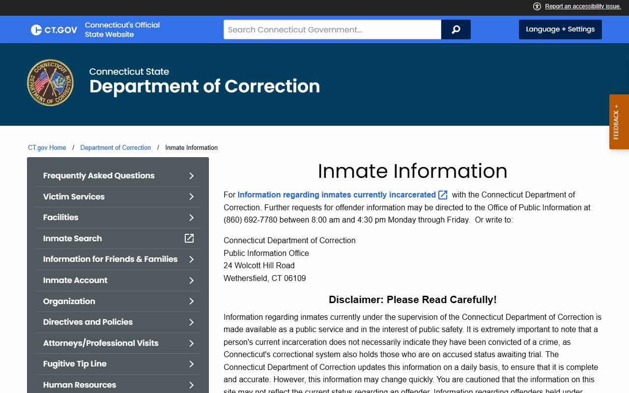 Hartford County inmate records notice on CT DOC daily updates and exclusions