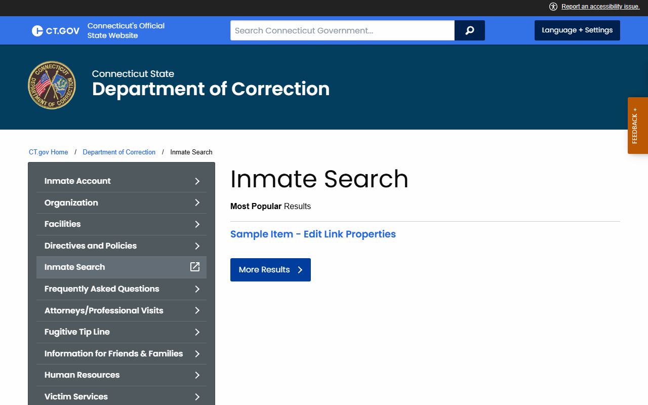 CT DOC inmate search landing page used to look up the Hartford County inmate population in state custody