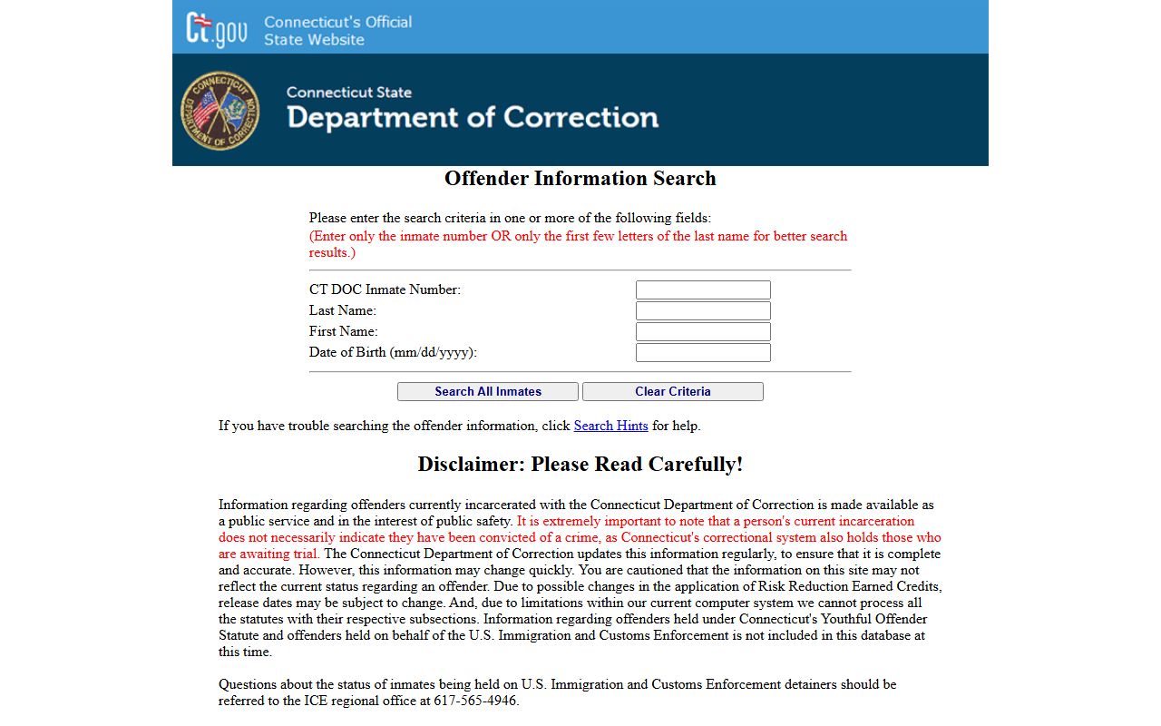 Hartford County inmate records search on the CT DOC inmate information portal