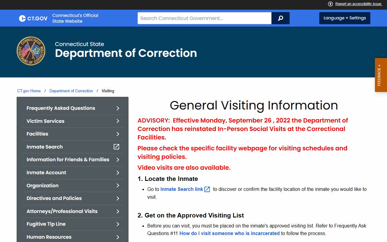 Connecticut DOC visiting rules used for Hartford Correctional Center inmate visits