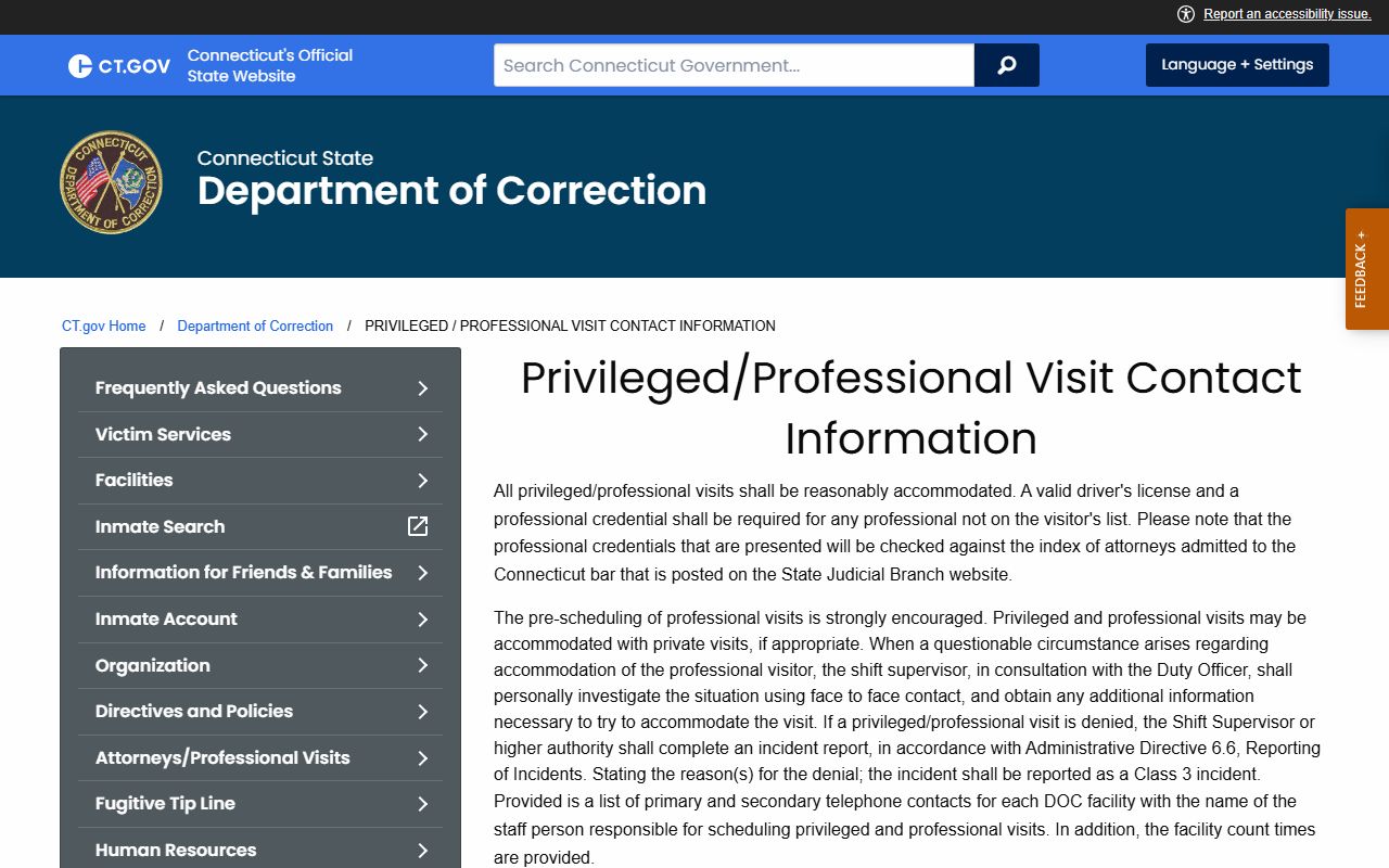 CT DOC professional and attorney visit contacts for MacDougall-Walker inmate records access