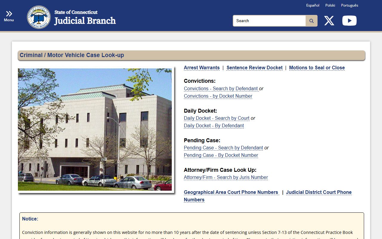Hartford County court records lookup menu on the Connecticut Judicial Branch site
