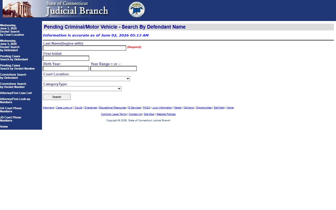 Hartford County pending court records search by defendant on the CT Judicial site