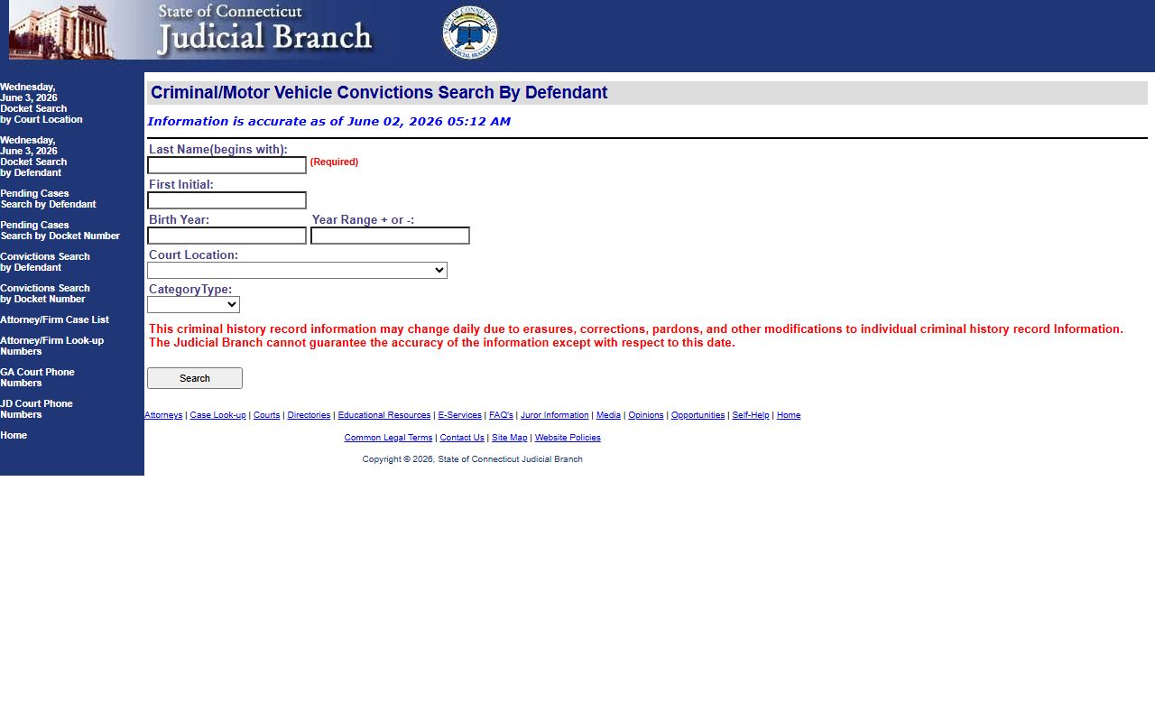 Hartford County conviction court records search by defendant on the CT Judicial site