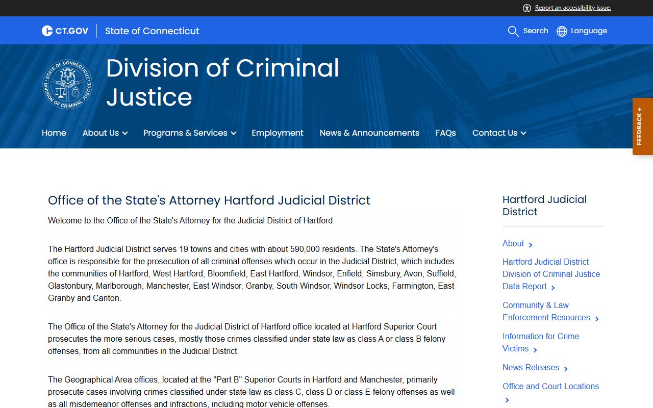Hartford County court records prosecutor: the Hartford Judicial District State's Attorney page