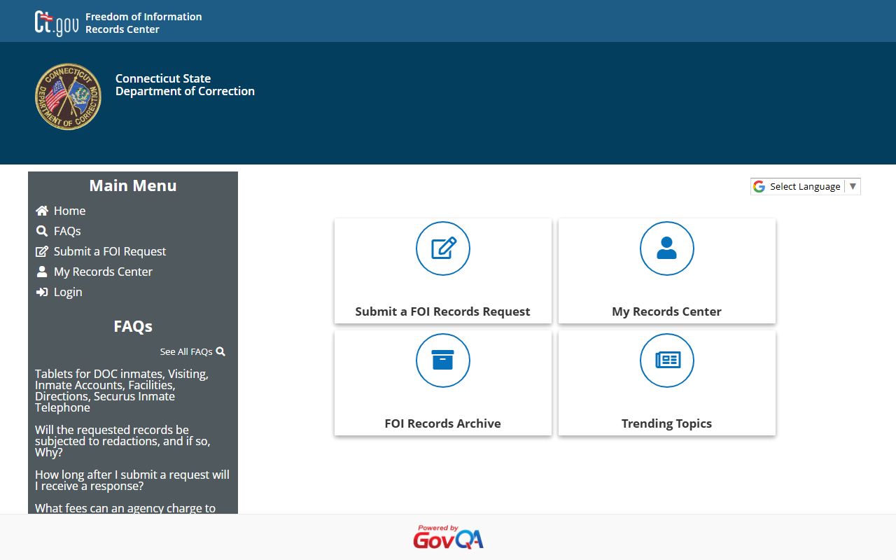 CT DOC GovQA portal used to file a Hartford County booking photo records request