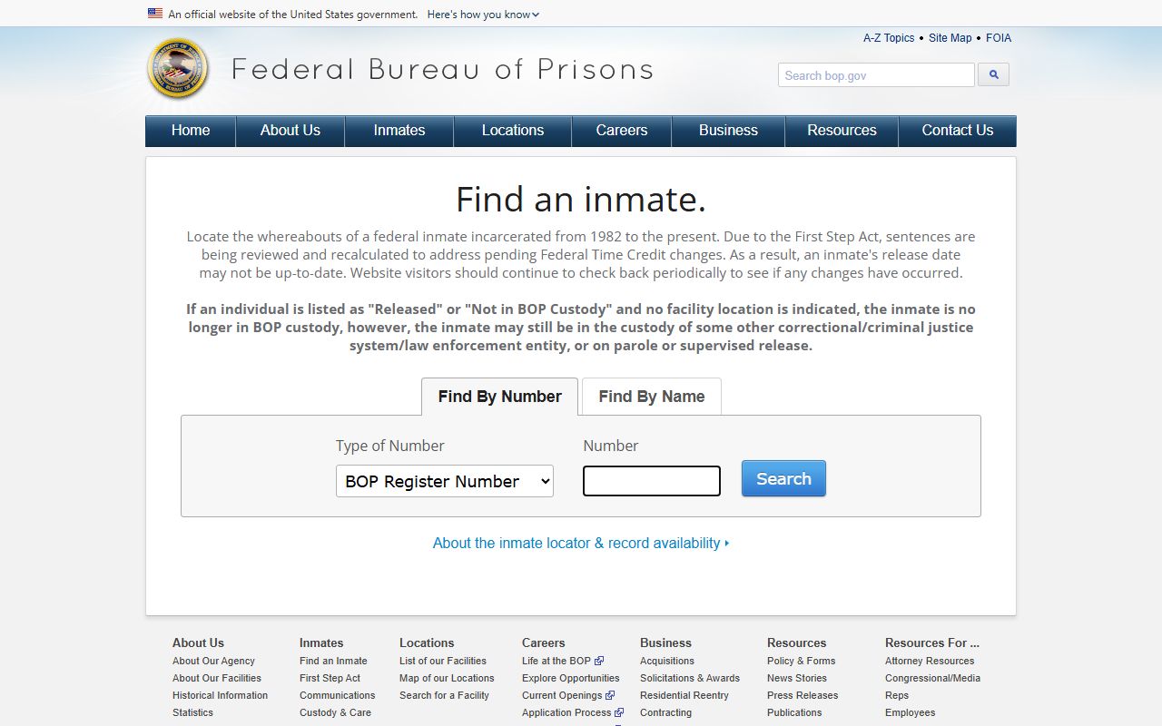 Hartford County federal inmate records search on the BOP inmate locator