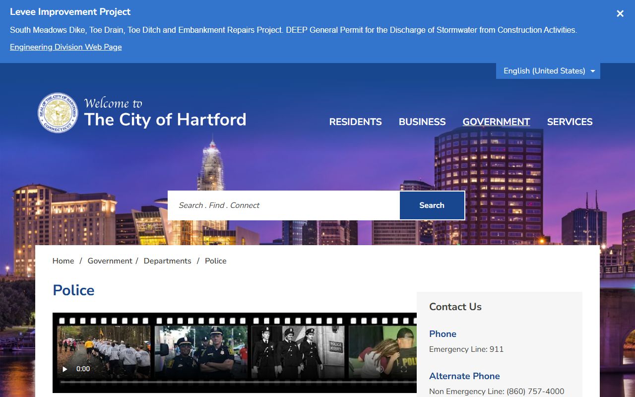Hartford Police Department official page with Hartford arrest log and detention records tools