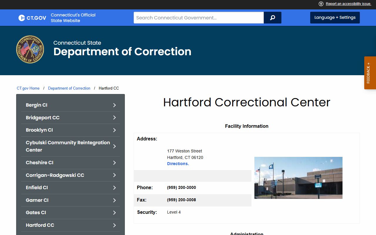 Hartford Correctional Center official inmate custody and facility records page