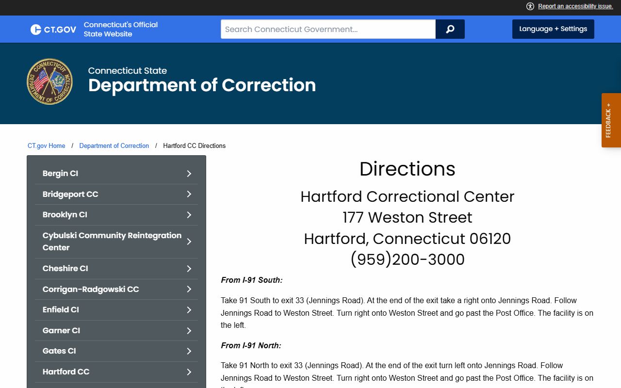Hartford Correctional Center directions page for visitors and records pickup
